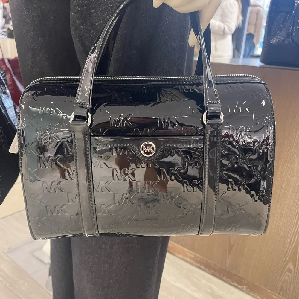 MICHAEL KORS Jet Set Md Patent Logo Debossed Duffle Crossbody Bag Duffel Silver